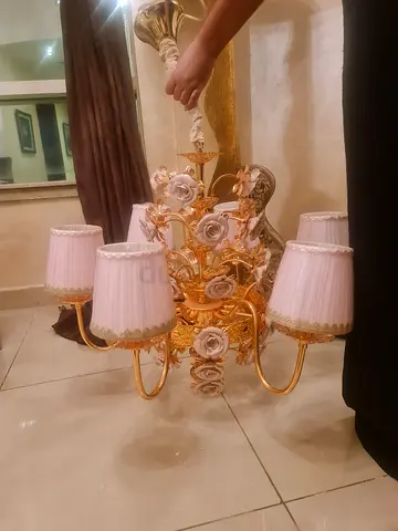 Vintage Floral 6-Arm Brass Chandelier with Pink Rose Shades