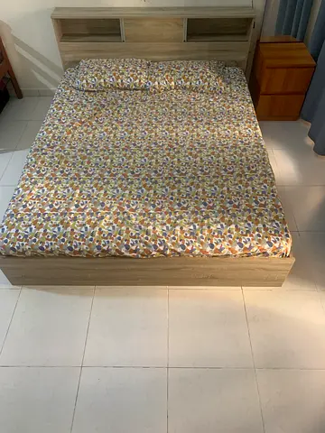 Queen wooden bed frame with headboard and mattress (used)
