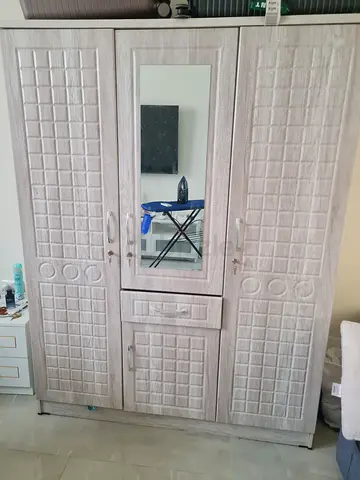 3-Door Wooden Wardrobe with Mirror - Light Oak Finish