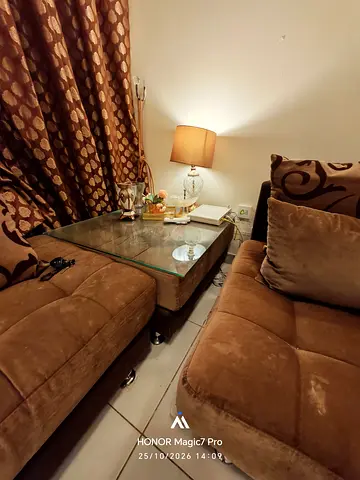 3+2+2 seater brown sofa with matching side table and cushions with center and table - good condition