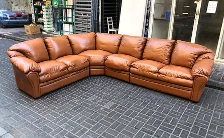 Genuine leather 6-seater curved corner sofa - tan brown