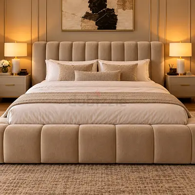 Valvet upholstered King bed with paded headboard
