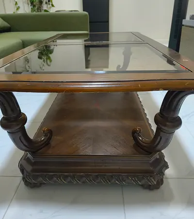 Classic Vintage Glass-Top Wooden Coffee Table