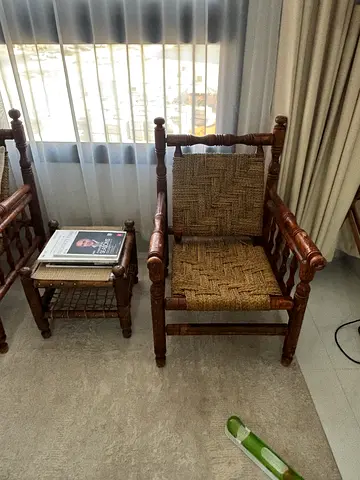 Pair of Wooden Woven-Seating Chairs with Side Table - Rustic Vintage