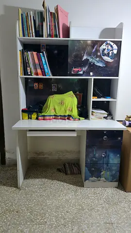 White study desk with shelves and themed cabinet - good condition