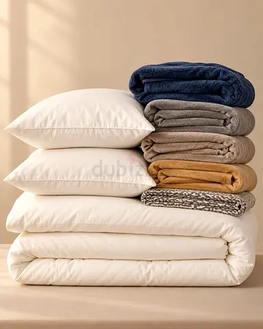Bedding set: 4 pillows, duvet and assorted throws and 1 double blanket, 2 single blanket