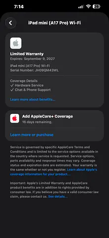 Apple iPad mini (A17 Pro) Wi‑Fi — Under Limited Warranty, AppleCare+ Available