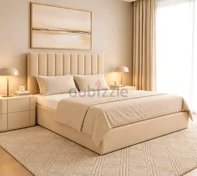 Beige Upholstered King Bed with Mattress