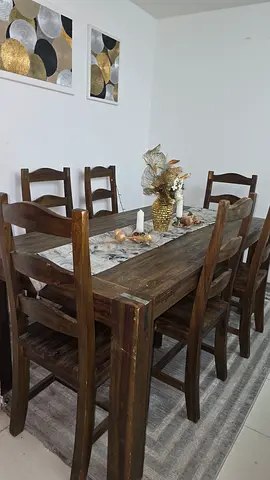 Solid Wood 6-Seater Dining Table with Chairs - Rustic Finish