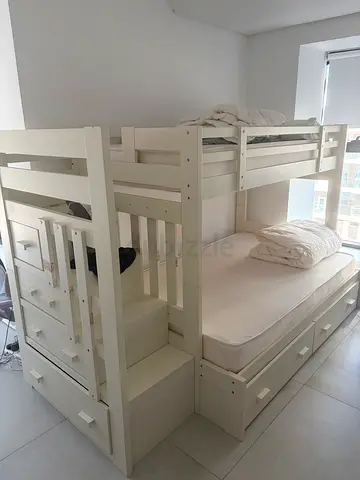 White wooden kids bunk bed with storage drawers - sturdy twin over twin