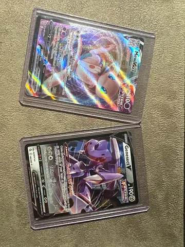 Rare Pokémon TCG Mew VMAX & Genesect V - Holo Promo Cards (Sleeved) (duo deal very good condition🔥)