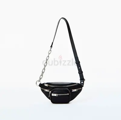 Alexander $%&! , Black Leather Chain-Detail Waist Bag / Crossbody Belt Bag, Small Size.