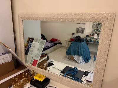 Large Decorative Wall Mirror with Carved White Frame