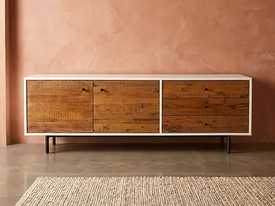 West Elm Modern wooden Tv unit/sideboard with white frame — 3-door storage