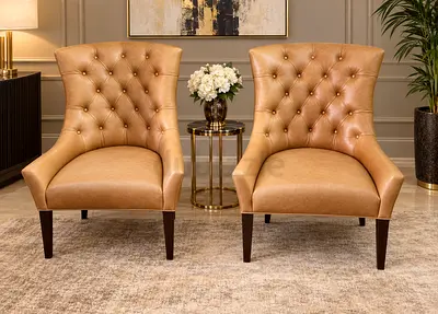 Pottery barn Pair of Tan Leather Accent ArmChairs with Button Tufting