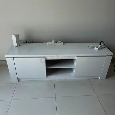 White low TV cabinet / entertainment unit - 2 sliding doors, shelves