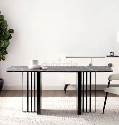 Modern Black Marble Effect Dining Table with 6 grey chairs