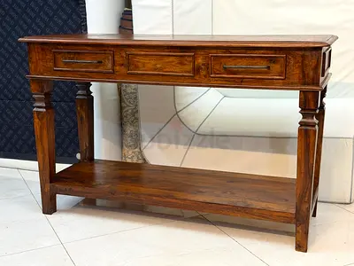 Solid Wood Console Table with Drawers and Lower Shelf