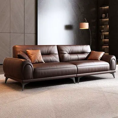 Modern Brown Leather 3-Seater Sofa -