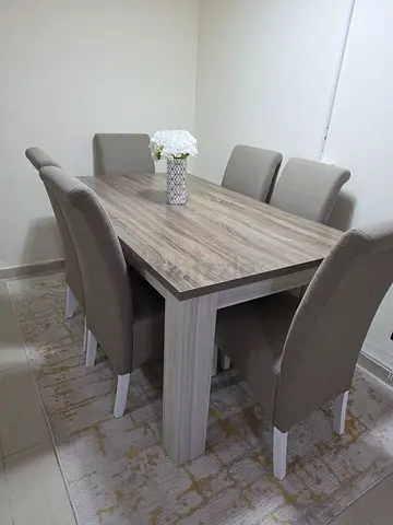 Wooden 6-Seater Dining Table with Upholstered Chairs - Light Oak Finish