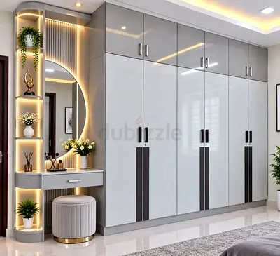 Modern Glossy Built-in Wardrobe with Glass Display and LED Lighting