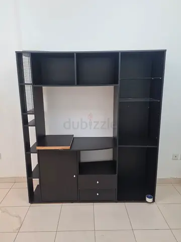 Black Wooden Entertainment/Study Unit with Shelves and Drawers