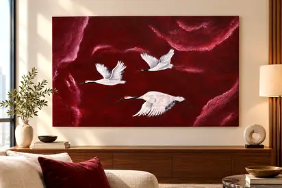 Original Painting sold by the artist herself of Three White Cranes on Maroon Background (Wall Art)