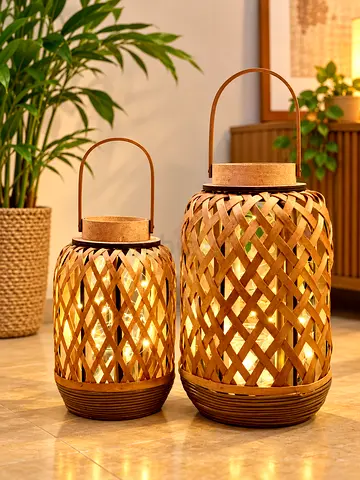 Set of 2 Decorative Bamboo Lanterns - Large & Small