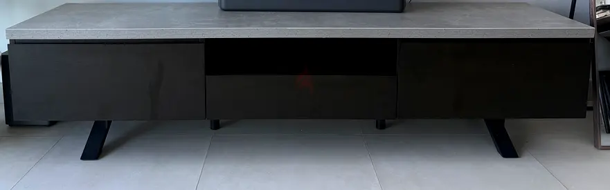 Modern low TV console cabinet with storage drawers - dark wood finish