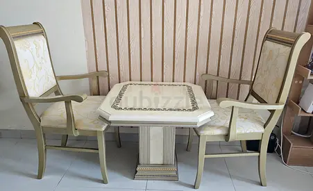 Pair of Classic Armchairs with matching Wooden Coffee Table for Sale