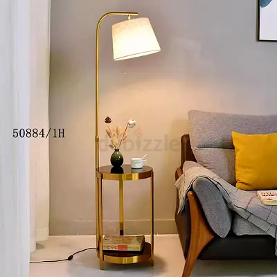 Gold Floor Lamp with Integrated Side Table and Linen Shade - Like New