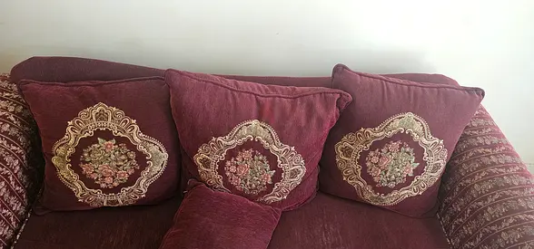 Burgundy Fabric 3-Seater Sofa with Decorative Cushions