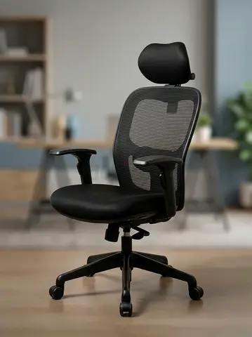 Ergonomic Black Mesh Office Chair with Headrest - Good Condition