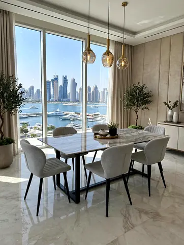 Modern Marble Top Dining Table with 6 Upholstered Chairs - Like New