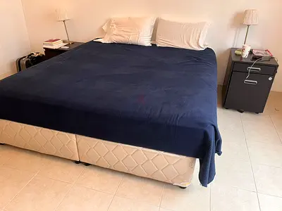King size bed base and mattress (used) with bedside tables