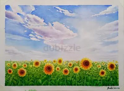 Original Watercolor Painting of Sunflower Field with Cloudy Sky (Signed 2020)