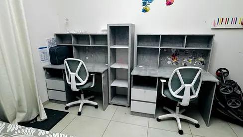 IKEA-style Double Study Desk Set with Shelves and Two Chairs