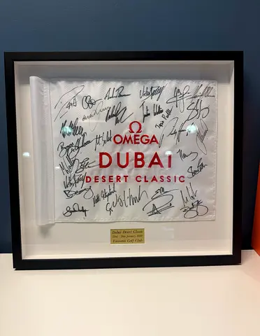 Framed Autographed Omega Dubai Desert Classic 2020 Flag