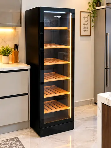 Vestsfrost Dual-Zone Wine Cooler with Wooden Shelves and LED Lighting