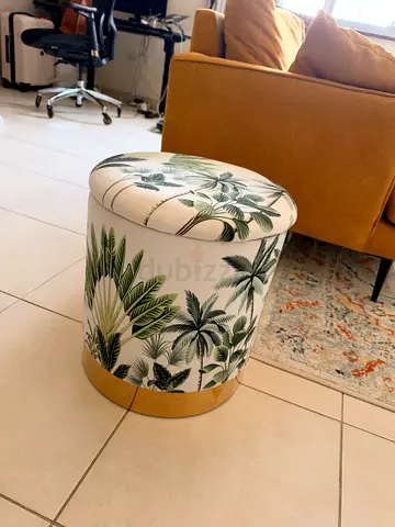 Round Storage Ottoman with Tropical Leaf Print and Gold Base