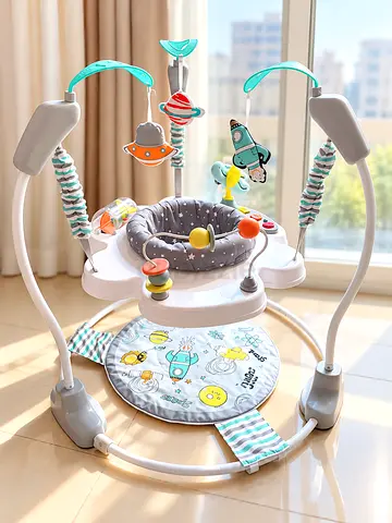 Baby activity jumper with space-themed toys — gently used