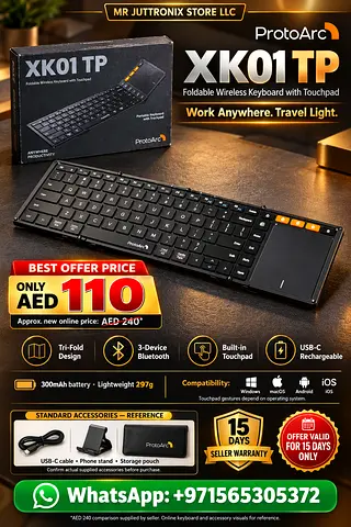 ProtoArc XK01 TP Foldable Wireless Keyboard with Touchpad - Lightweight, USB-C Rechargeable