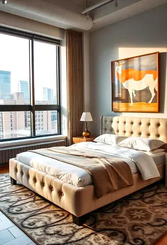 Upholstered Double Bed with Tufted Headboard - Beige