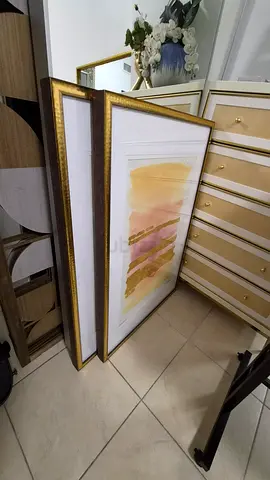 Set of 2 Framed Abstract Wall Paintings with Gold Trim