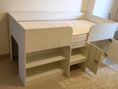 White Single Loft Bed with Built-in Shelves and Cupboard