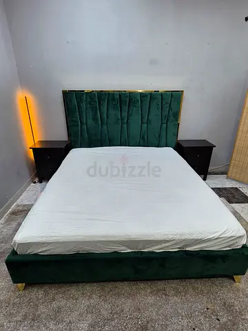 Green Velvet Bed Frame with Tall Padded Headboard - king size and with side table