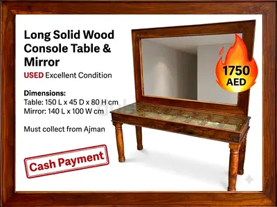 Long solid wood console table with mirror