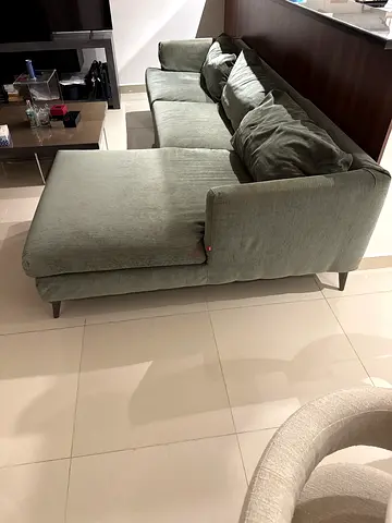 Light green 3-seater fabric sofa with chaise lounge - good condition