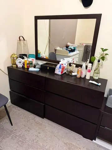 Dark Wood 6-Drawer Dresser with Large Mirror - Good Condition