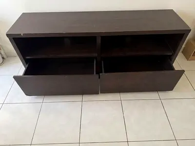Free brown wooden TV cabinet with 2 drawers and open shelves
